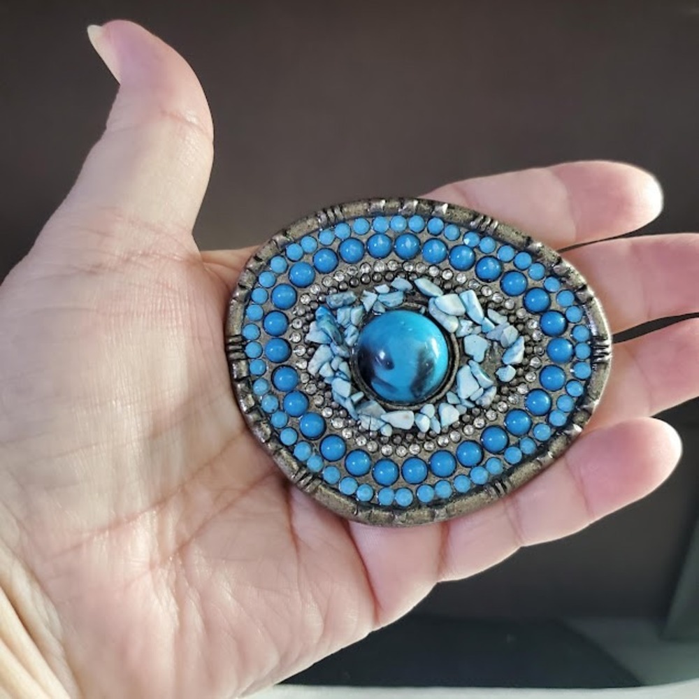 Vintage Southwestern Turquoise Style Mosaic Belt Buckle Silver Tone Oval Cowgirl